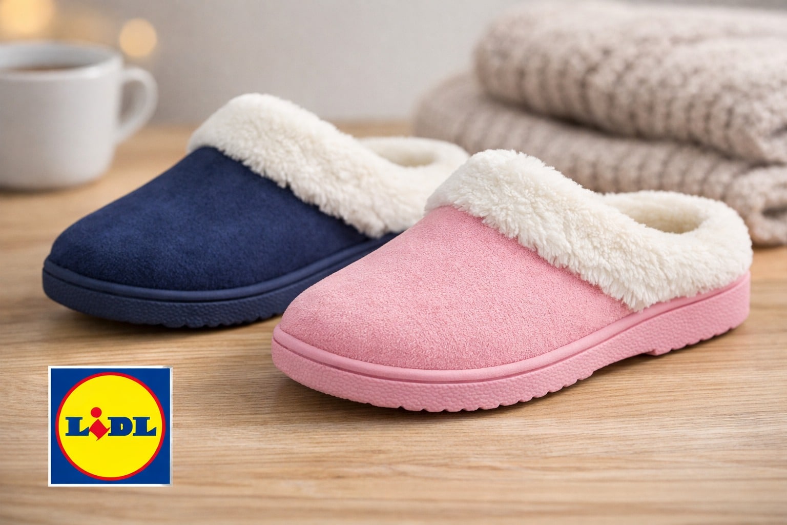 Pantoffels vrouw Lidl ESMARA met zachte voering, op een houten tafel, met het Lidl-logo linksonder.